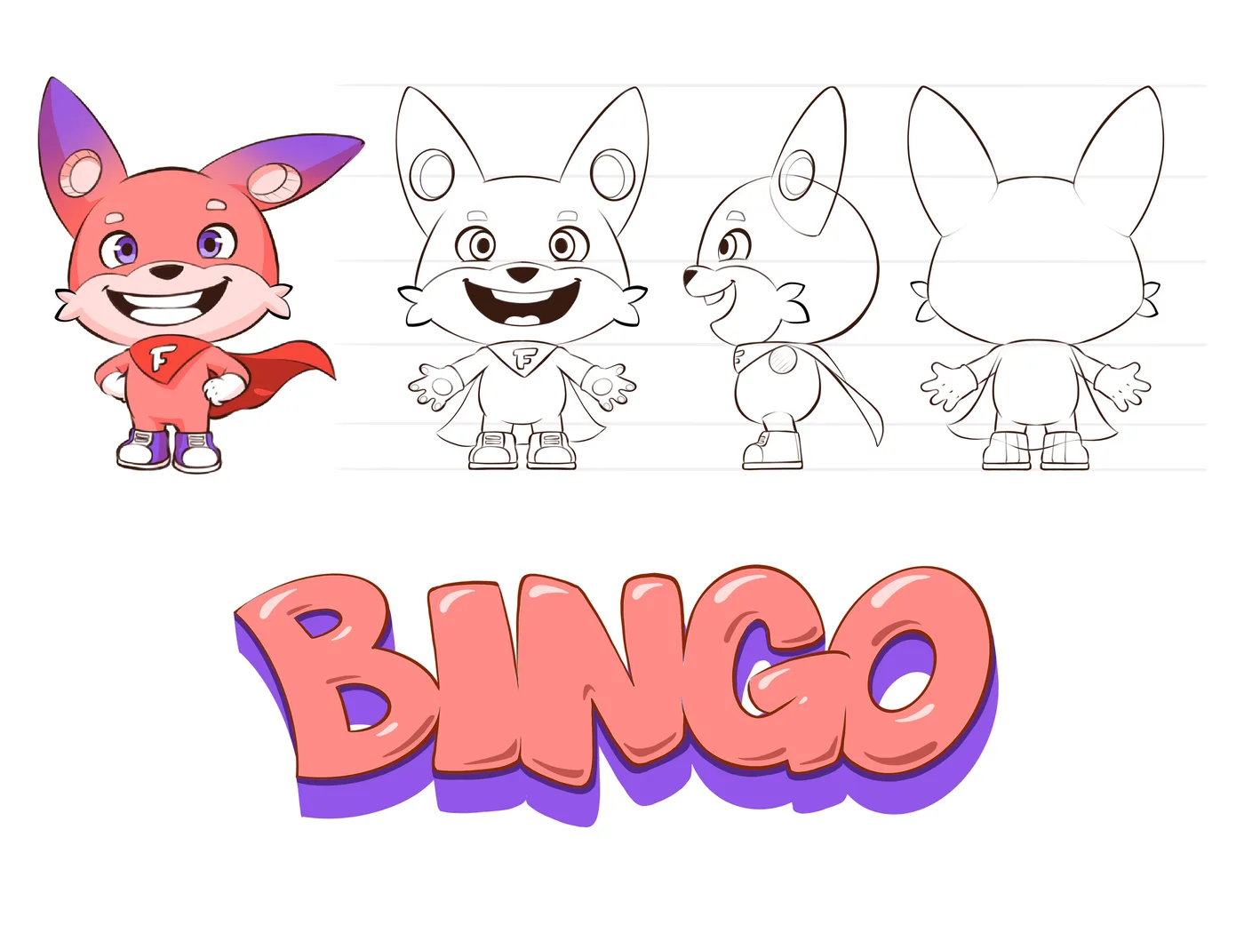 Bingo model sheet: front, side and back turnaround